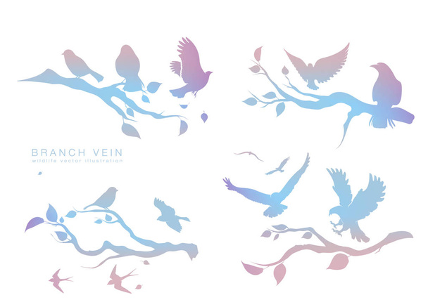 figure set multicolored flock of flying birds on tree branch - Vector, afbeelding