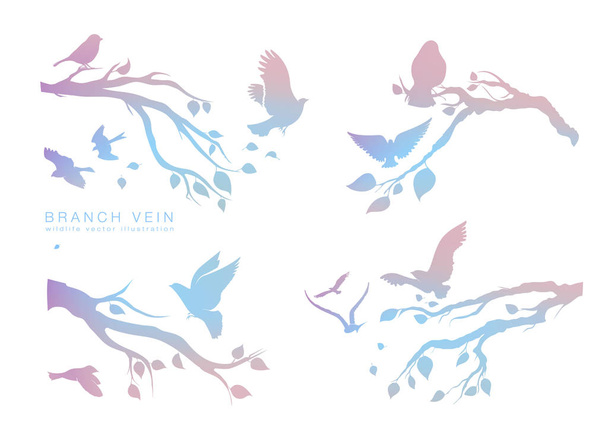 rysunek zbiór wielokolorowe stado ptaków latających na gałęzi drzewa - Wektor, obraz
