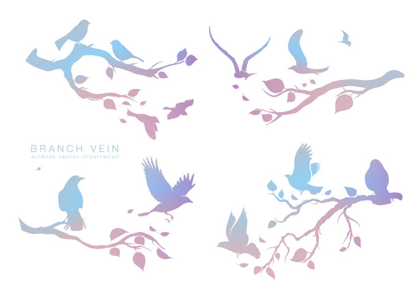 figure set multicolored flock of flying birds on tree branch - Vektor, kép