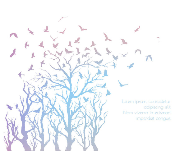 figura conjunto bandada multicolor de aves voladoras en rama de árbol
 - Vector, imagen