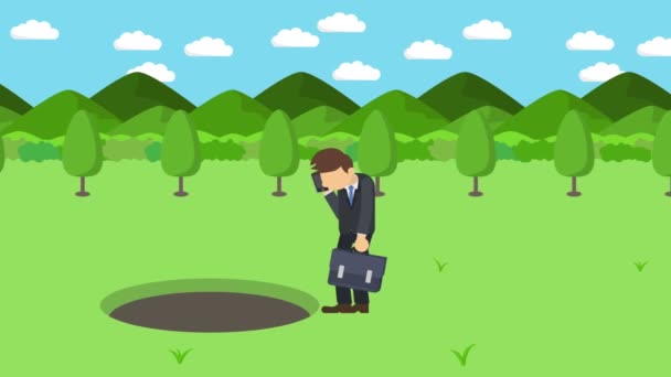 Businessman walking. Jump over the hole of meadows with mountains. Wild nature grass. Get caught in a trap. Business concept. Loop animation. - Footage, Video