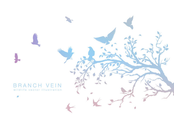 figura conjunto bandada multicolor de aves voladoras en rama de árbol
 - Vector, Imagen