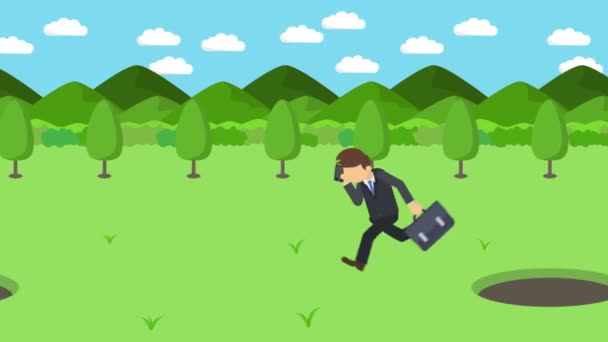 Businessman walking. Jump over the hole of meadows with mountains. Wild nature grass. Get caught in a trap. Business concept. Loop animation. - Footage, Video