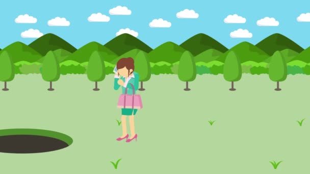 Businesswoman walking. Jump over the hole of meadows with mountains. Wild nature grass. Get caught in a trap. Business concept. Loop animation. - Footage, Video