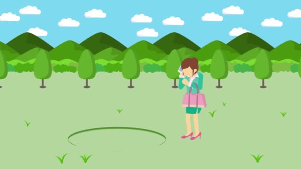 Businesswoman walking. Fall into the hole of meadows with mountains. Wild nature grass. Get caught in a trap. Business concept. Loop animation. - Footage, Video