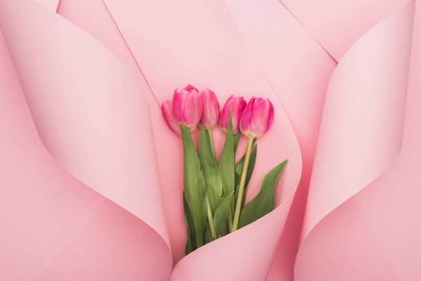 top view of pink tulips wrapped in paper spiral swirls on pink background - Фото, зображення