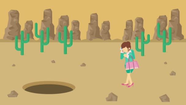 Businesswoman walking. Fall into the hole of desert over the hill. Canyon. Wilderness. Get caught in a trap. Business concept. Loop animation. - Footage, Video