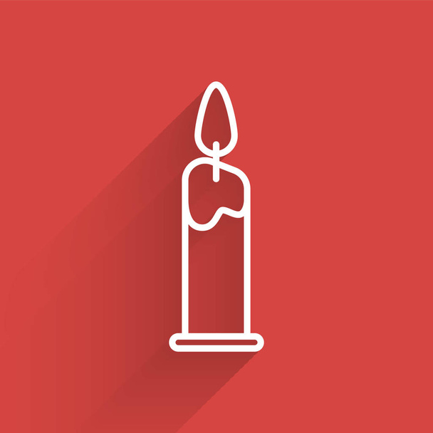 Valkoinen viiva Polttaminen kynttilä kynttilänjalka kuvake eristetty pitkä varjo. Lieriömäinen kynttilänjalka, jossa on palava liekki. Vektorikuvaus
 - Vektori, kuva
