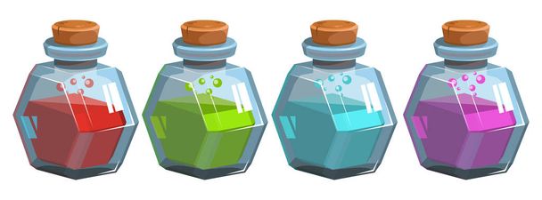 Bottles potion. Game icon of magic elixir. Mana, health, poison or magic elixir.Bottles with colorful liquid. Bottle jars with liquid potions for transformations - Vector, imagen