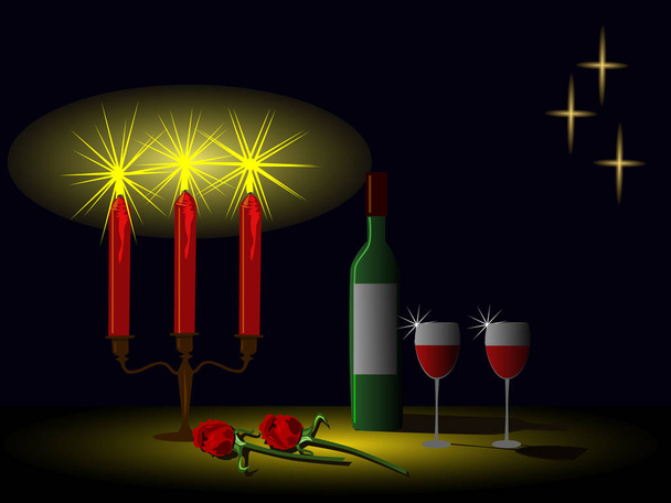 A vela brilha com uma garrafa de vinho e uma rosa na mesa. Tem um fundo preto
 - Vetor, Imagem