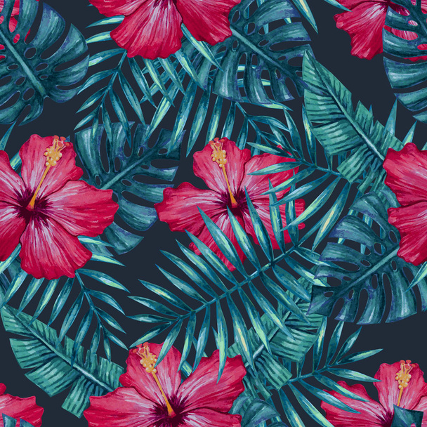 Watercolor hibiscus flower and palm leaves seamless pattern. - Zdjęcie, obraz