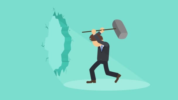 Businessman breaking the wall. Business concept freedom and challenge. Overcome. Loop animation in flat style. - Footage, Video