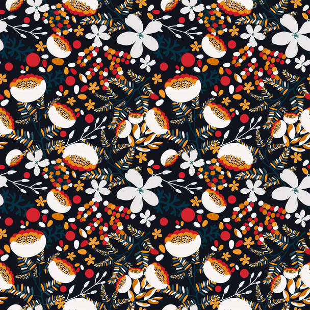 Seamless pattern with colorful flowers, floral retro print, botanical texture - Διάνυσμα, εικόνα
