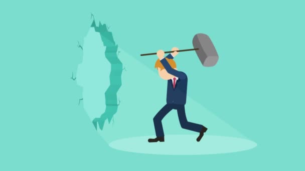 Businessman breaking the wall. Business concept freedom and challenge. Overcome. Loop animation in flat style. - Footage, Video