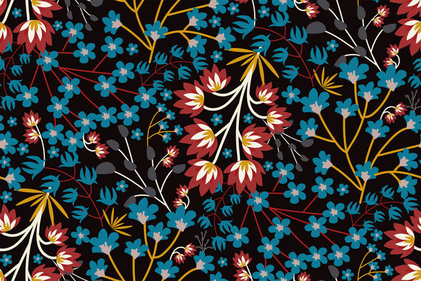 Colorful seamless pattern with bright blue, yellow, dark red flowers, leaves and tree branches on a dark background. Hand vector illustration. Perfect for design fabrics, magazine covers. - Wektor, obraz