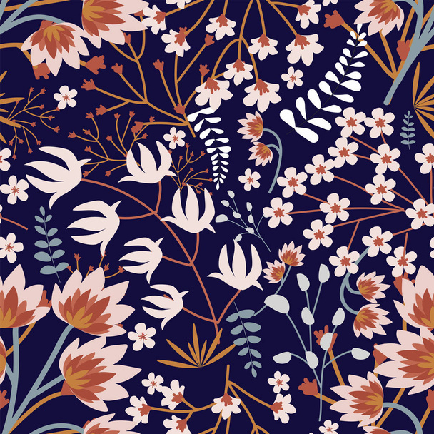 Colorful floral seamless pattern in Oriental style. Orange, white flowers, leaves on a dark blue background. Creative template for your design. Hand vector illustration. - ベクター画像