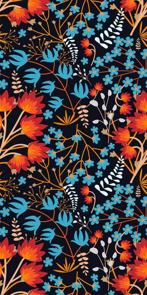Πολύχρωμο floral απρόσκοπτη ασυνήθιστο μοτίβο σε σκούρο φόντο σε φωτεινά χρώματα. Φυλλώματα, κλαδιά δέντρων, κόκκινα, μπλε, κίτρινα και πορτοκαλί λουλούδια. Εικονογράφηση φορέα χέρι. - Διάνυσμα, εικόνα