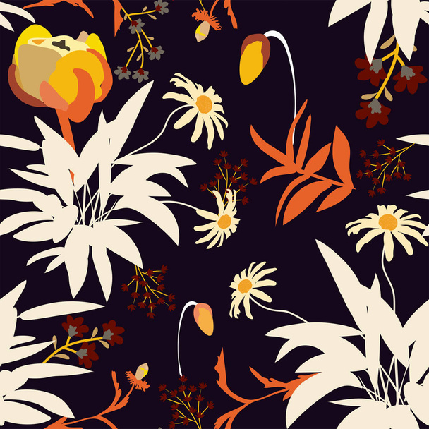 Seamless pattern with colorful flowers, floral retro print, botanical texture - Vektori, kuva