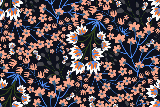 Floral seamless pattern with bright pale pink flowers and leaves on a dark background . Hand vector illustration. Perfect for creating unusual fabrics, design of magazine covers, books.  - Vektori, kuva