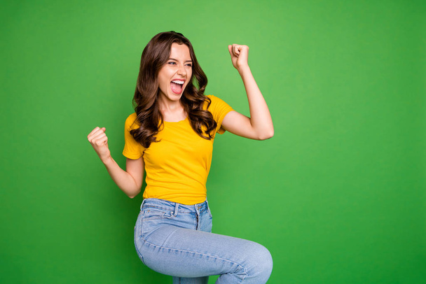 Portrait of her she nice attractive lovely pretty cute successful cheerful cheery wavy-haired girl dancing celebrating isolated on bright vivid shine vibrant green color background - Fotoğraf, Görsel