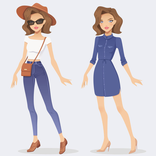 Cartoon-Mode Mädchenfigur in zwei lässigen Outfits. Vektor weibliche Illustration. - Vektor, Bild