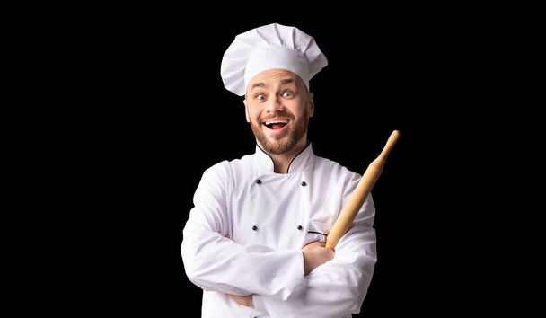 Excited Baker Holding Rolling Pin Posing Over Black Background, Panorama - Photo, image