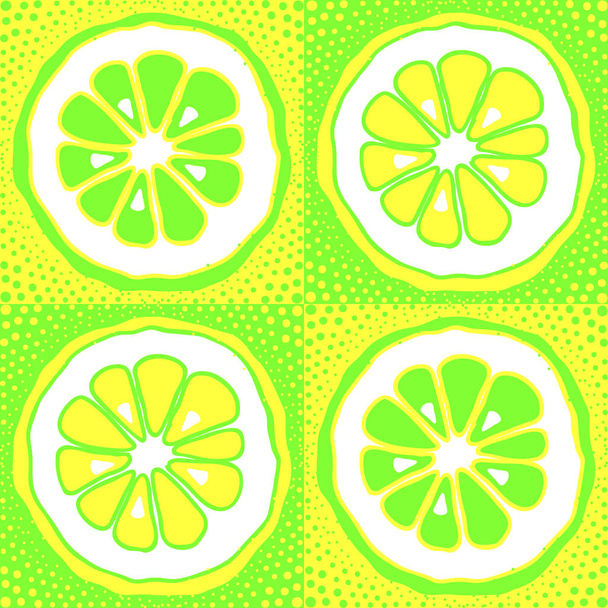 Vector repeat pattern with lemon, citrus, orange. Simple fruit design with yellow and green square background. Pop art style. - Vector, Image