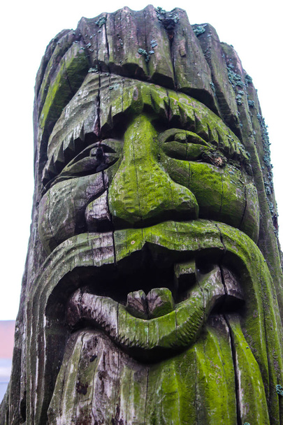 Een houten slavisch standbeeld van een grootvader in een park bedekt met mos hier en daar, bovenaanzicht - Foto, afbeelding