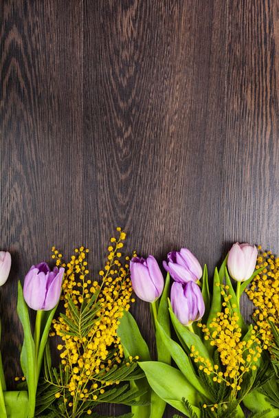 Tulips and mimosa on a dark wooden background.  - Фото, изображение