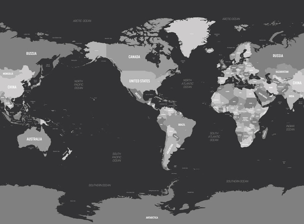 World map - America centered. Grey colored on dark background. High detailed political map of World with country, capital, ocean and sea names labeling - Vector, Image