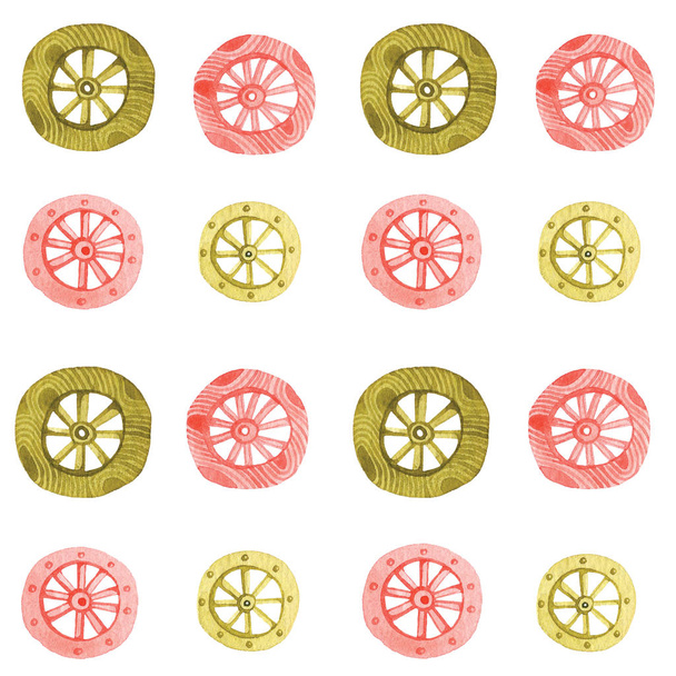 Червоні і зелені колеса малюють аквареллю. Безшовний малюнок рук для карт, плакатів, принтів, текстилю. Колеса з дерев'яною текстурою на білому (ізольованому) фоні. Простий графічний дизайн
. - Фото, зображення