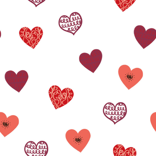 Doodle corazones patrón sin costuras. Dibujado a mano lindo corazón formas repitiendo fondo. Ilustración del día de San Valentín. Uso para envolver, empaquetar, tela de los niños, boda
 - Foto, imagen