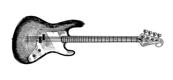 Электробас-гитара в монохромном винтажном стиле. Ручной рисунок для рок-фестиваля или блюза, плаката регтайма или футболки. Музыкальный джазовый струнный инструмент
.  - Вектор,изображение