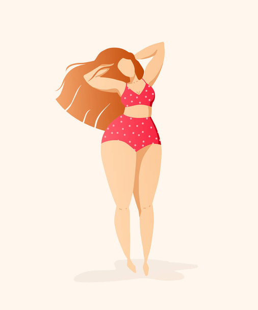 Chica con hermoso pelo en bikini rojo con lunares. Ilustración positiva corporal. Personaje femenino. Concepto positivo de mujer feliz. Tamaño más cuerpo
 - Vector, Imagen