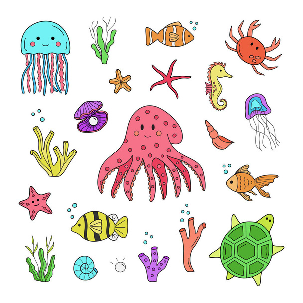 Unterwasser-Vektortiere Illustrationsset. Handgezeichnete Meer, Ozean, marine Zeichentricktiere. isolierter grafischer Druck, Web-Aufkleber. - Vektor, Bild