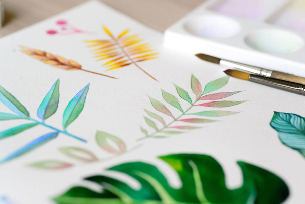 Kağıt üzerine fırça, palet ve boya ile yakın plan suluboya - Fotoğraf, Görsel