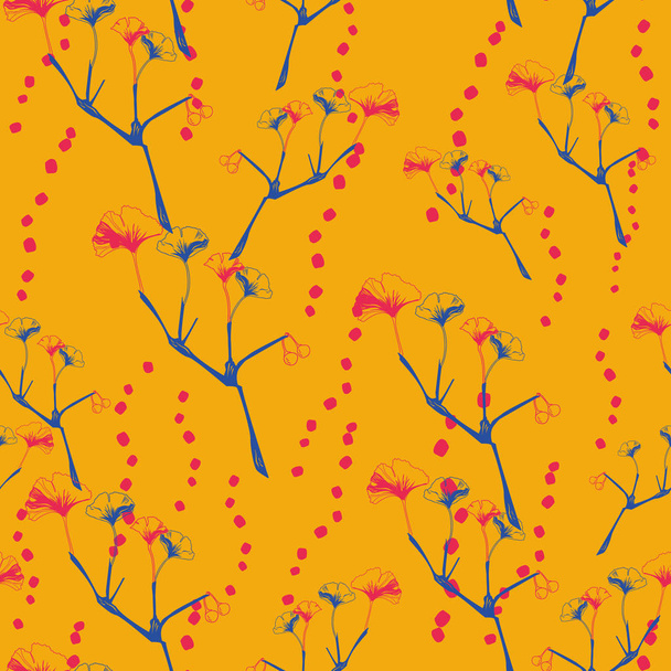 Vector seamless pattern ginko wax with blue ginkgo leaves and branches, red dots - Vector, Image