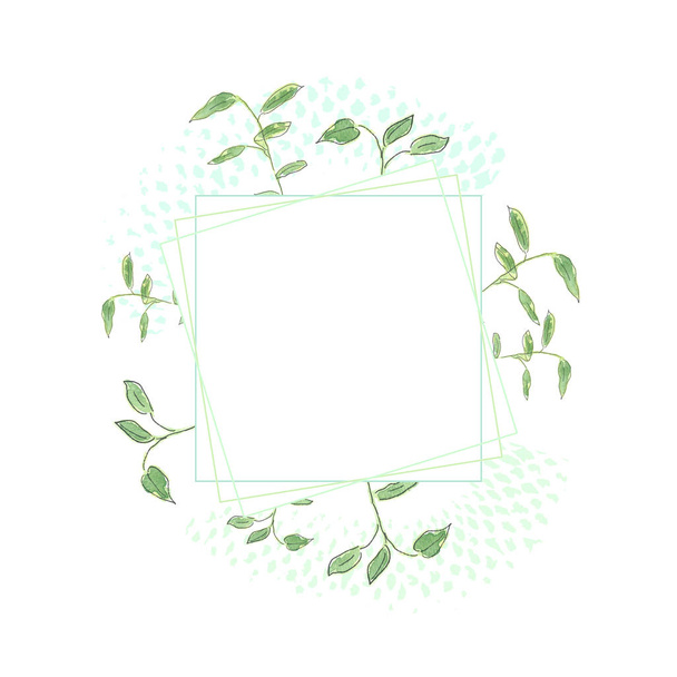 Vorlage für Text in grünem Rahmen und Aquarellpflanzen mit Blättern. Handzeichnung Skizze Illustration - Foto, Bild