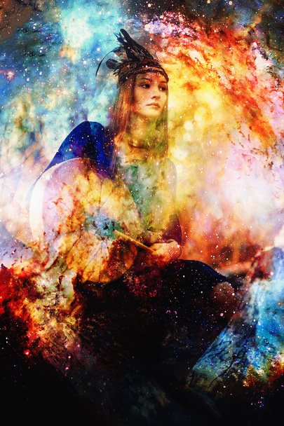 шаманская девушка с барабаном на абстрактном структурированном космическом фоне. - Фото, изображение