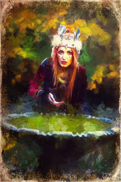 beautiful shamanic woman with headband in the nature. Computer painting effect. - Photo, Image