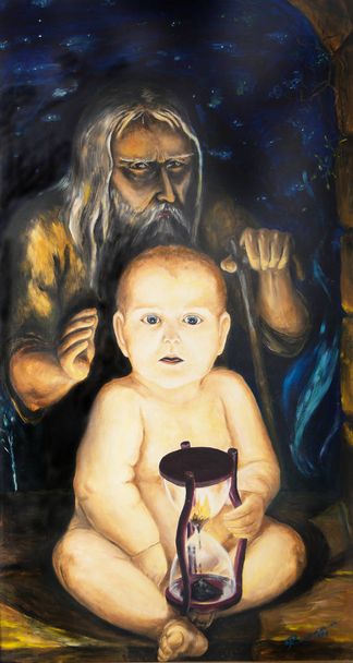 The old man and the child. Allegory of the time. Oil painting - Foto, imagen