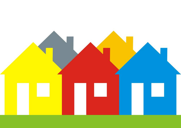 Πέντε χρωματιστά σπίτια, διανυσματικό εικονίδιο. Αρκετά διαφορετικά χρωματιστά σπίτια. - Διάνυσμα, εικόνα