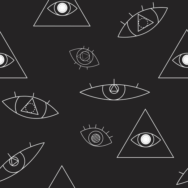 A outline seamless pattern for printing on fabric or textile on the theme of occultism and magic on a black background, a vector stock backdrop white random with a triangle and an evil eye - Vektör, Görsel