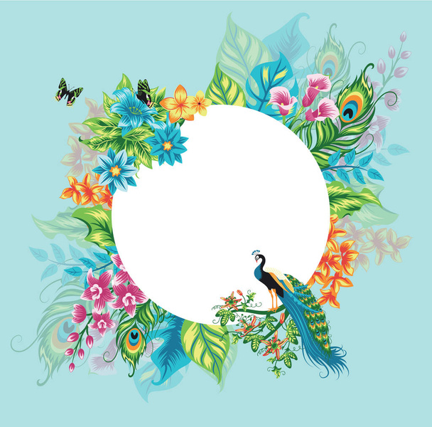 Summer tropical background banner with peacock, palm leaves and hibiscus flowers. Vector floral background. - Wektor, obraz