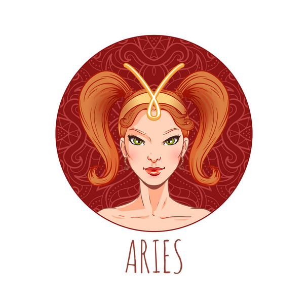 Kompozycji znak zodiaku Baran, piękna dziewczyna twarz, symbol horoskop - Wektor, obraz