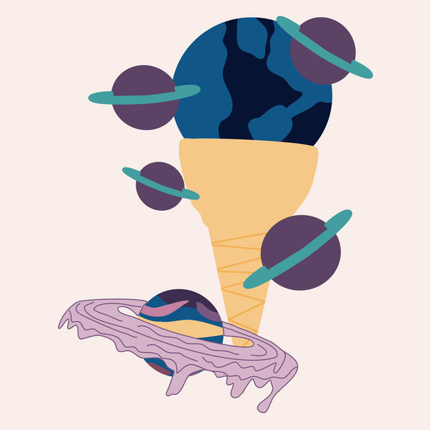 vector illustration with yellow and blue ice cream and purple planets - Vector, Image