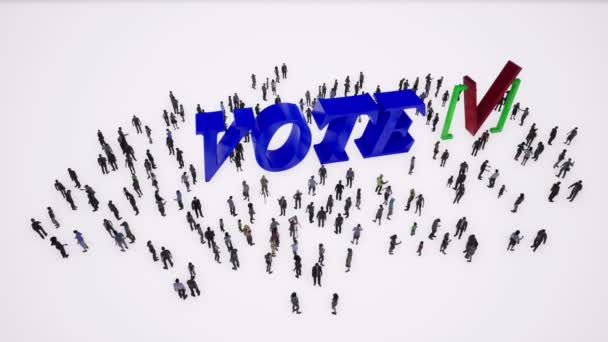 Ψηφίστε. Μεγάλη μπλε πινακίδα ψήφου. Μια ομάδα ανθρώπων στέκεται γύρω από την πινακίδα ψηφοφορίας σε λευκό φόντο.. - Πλάνα, βίντεο