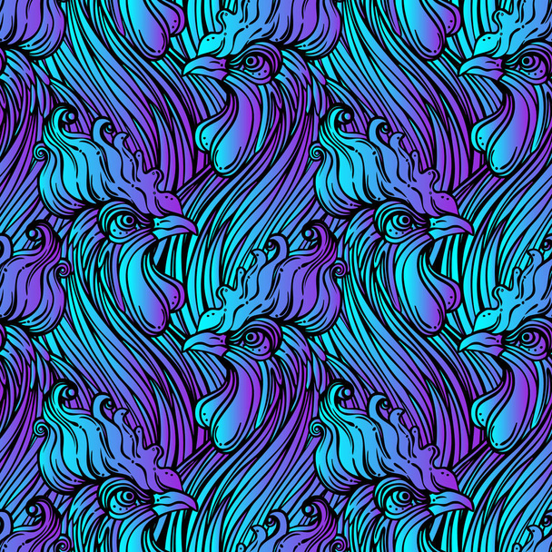 Rooster seamless pattern, Chinese zodiac symbol. Vector endless background. Repeating head of cock. Design for wallpaper art, coloring, nature and spirituality. - Διάνυσμα, εικόνα