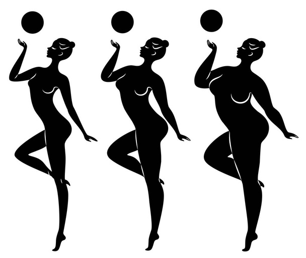 Sammlung. Silhouette einer niedlichen Dame, sie betreibt rhythmische Gymnastik mit Ball. Die Frau ist übergewichtig und eine schlanke Sportlerin. Vektor Illustration Set - Vektor, Bild