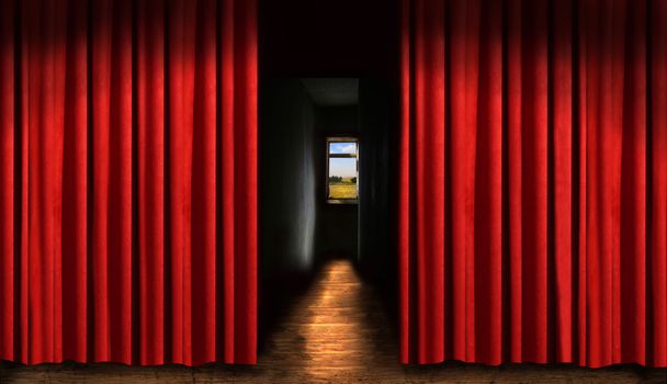 Cortina de teatro rojo con ventana y sombras oscuras
 - Foto, Imagen